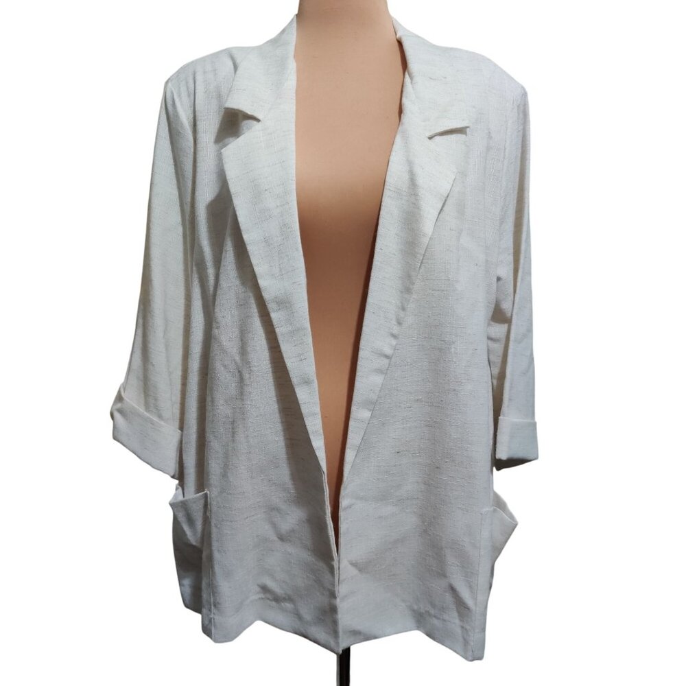 Alice Stuart XL Vintage Cream Power Blazer Open Front Shoulder Pads Jacket Chic